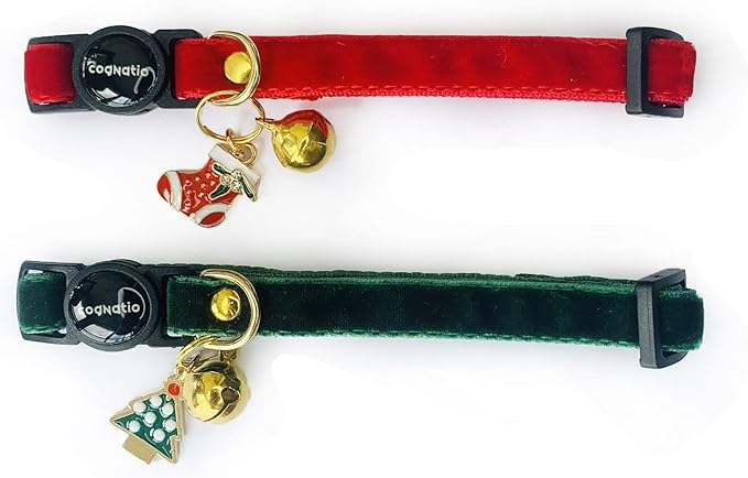 Safety Quick Release Cat Collars,Double Velvet with Bell Available in a Range Colors,Perfect for Your Kitty, Adjustable 20-30 cm (20-30cm, Christmas Set)