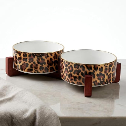 Dog Bowl Set with Wood Stand, Non-Slip Anti-Tip Elevated Design, Double Ceramic Animal Food Water Cat Bowls, Suitable for Large/Medium Sized Dog Pet Feeder Dish Station - 32 OZ, Leopard Print