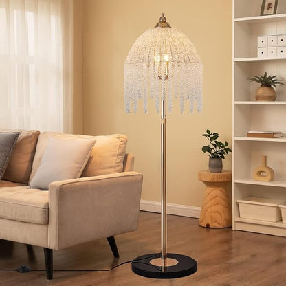 Vintage Style Floor Standing Lamp, Waterfall Design with Grape-Shaped Tall Gold Pole Light, Modern Dimmable Crystals Standing Lamps (Gold + Iron-6)