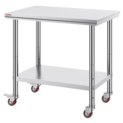 Vevor Mophorn Stainless Steel Work Table 36x24 Inch with 4 Wheels, Casters Heavy Duty Food Prep Worktable for Commercial Kitchen Restaurant, Silver