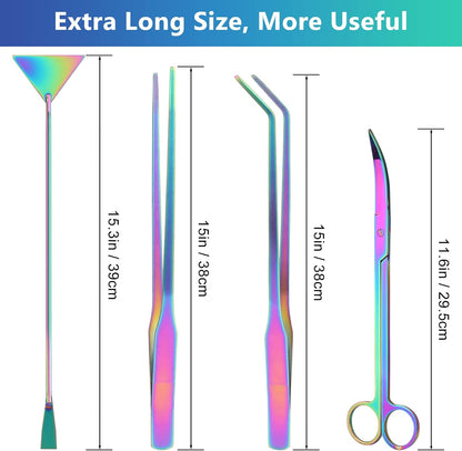 Aquarium Aquascape Tools Kit 15 in, 4in1 Anti-Rust Aquatic Plant Aquascaping Tool Stainless Steel Silver Tweezer Scissors Spatula for Aquarium Tank Clean (15in, Colorful)