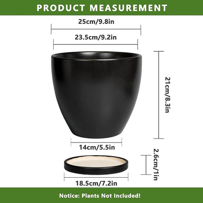 Ceramic Planter - 10 Inch Plant Pot with Drainage Hole and Tray, Round Flower Pots, Planters for Indoor Plants, Modern Room Garden Patio Bathroom Living Room Porch Home Decor, Black