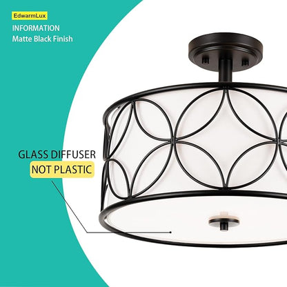 3-Light Semi Flush Mount Ceiling Light, 16" Drum Light with Fabric Shade, Modern Close to Ceiling Lamp for Living Room Bedroom Dining Room Kitchen Hallway Entry Foyer (Black)
