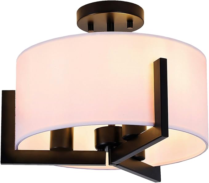 14 inch Black Semi Flush Mount Ceiling Light, 3-Light Modern Lighting Fixtures Ceiling Mount with White Drum Fabric Shade for Bedroom Entryway Hallway
