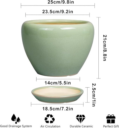 Ceramicfor Ceramic Planter Pot - 10 Inch Plant Pot for Indoor Plants Decorative Planter with Drainage Hole and Saucer Large Pot for Plants Outdoor Round Flower Pot for Garden Green