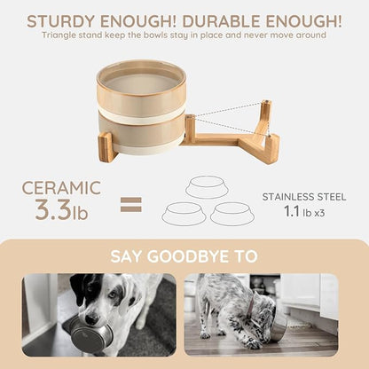 SPUNKYJUNKY Ceramic Dog and Cat Bowl Set with Wooden Stand, Modern Cute Weighted Food Water Bowl Set for Small Size Dogs (1.7 Cups, 2 × Pattern Brown)