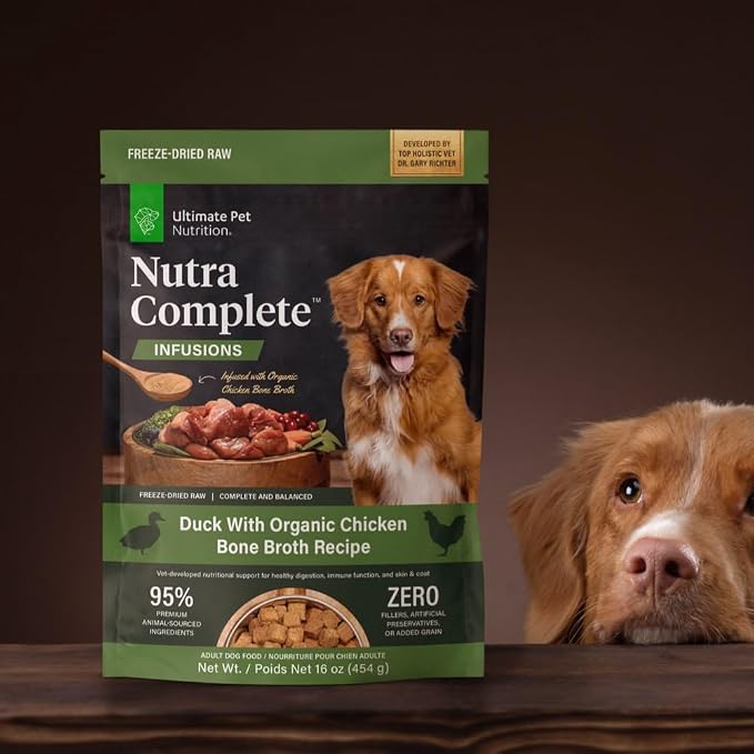 ULTIMATE PET NUTRITION Nutra Complete Bone Broth Infusions, 100% Freeze Dried Raw Veterinarian Formulated Dog Food with Antioxidants Prebiotics and Amino Acids (1 Pound, Bone Broth Duck)