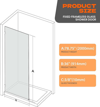 Bathroom Shower Door 36" W x 78.75" H, Frameless Fixed 3/8" Thick Clear