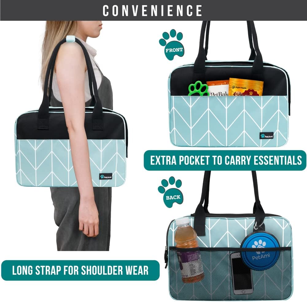 PetAmi Dog Purse Carrier for Small Dogs, Airline Approved Soft Sided Pet Carrier with Pockets, Ventilated Dog Carrying Bag for Puppy Cat, Dog Travel Supplies Bag, Sherpa Bed, Max 12 lbs, Chevron Teal