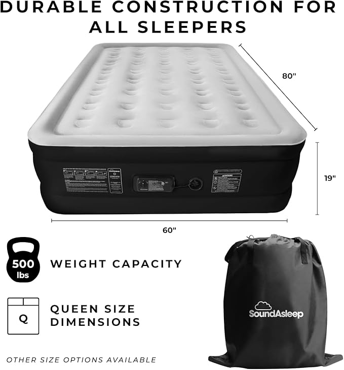 SoundAsleep Dream Series Luxury Air Mattress with ComfortCoil Technology & Built-in High Capacity Pump for Home & Camping- Double Height, Adjustable, Inflatable Blow Up, Portable - Queen Size
