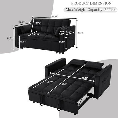 OjvZxqtbrnl Convertible Sofa Bed,3 in 1 Pull Out Couch Adjustable Backrest, Modern Velvet Upholstery Sleeper Sofa Bed, Loveseat Couch for Living Room, Bedroom & Apartments (Black)