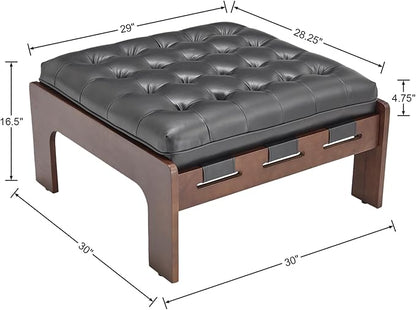 Kmax Coffee Table, 30 Inch Black Leather Ottoman Coffee Table Square Upholstered Dark Wood Center Table Tufted Tea Table for Living Room - PU, Black
