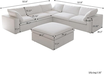 160.6" Cloud Modular Sectional Sofa with Storage Ottomans, V Shaped Minimalist Sofa Couch, Convertible Couch Deep Seat for Living Room Sets,Covers Washable&Replaceable,White