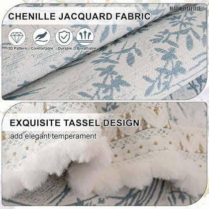HANDONTIME Floral Chenille Sofa Cover, White Plush Fringed Dog Couch Cover, Jacquard Dog Mat for Couch Sofa, Washable & Anti-Slip Pet-Friendly Furniture Protector for Sectionals (Blue,35.4" x 63")