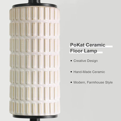 PoKat Ceramic Floor Lamps for Living Room, 64" Modern Standing Lamps for Bedroom, Farmhouse Tall Floor Lamps for Living Room Dinning Reading Home Office, Nursery, Rotary Switch, Matte Black