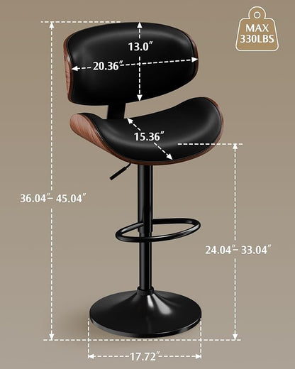 Aowos Bar Stools Set of 4, Adjustable Swivel Bar Stools Mid-Century Modern PU Leather Counter Height Bar Stool for Kitchen Island Bar Chairs with Back (Black)