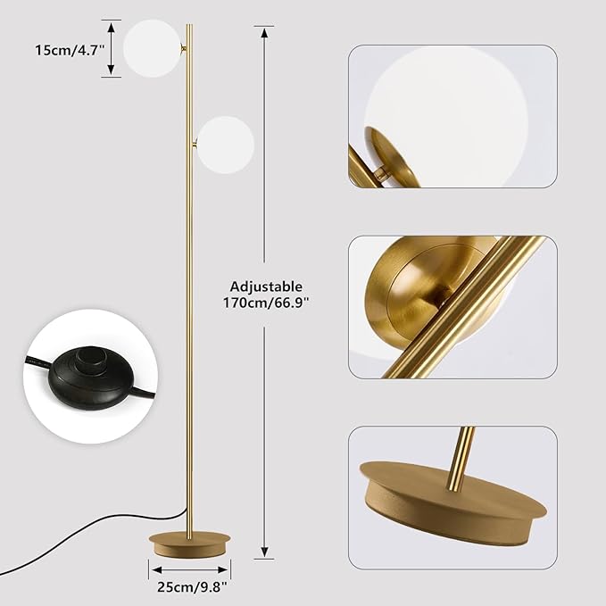 2 Light Mid Century Modern Floor Lamp for Living Room Retro Vintage Tall Standing Lamp with Frosted Glass Globe Shade Brass Floor Lamps for Office Hotel Bedroom