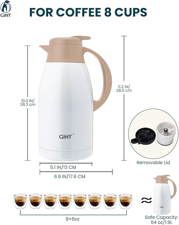 GiNT Stainless Steel Thermal Coffee Carafe, Double Walled Vacuum Thermal Carafe
