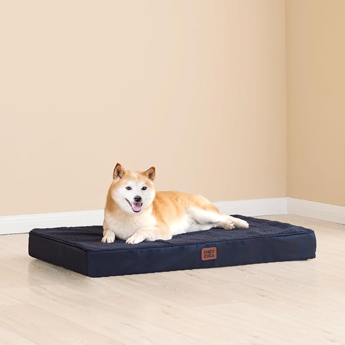 EHEYCIGA Orthopedic Dog Bed Large with Removable Washable Cover, 41IN Navy | Egg Crate Foam Support, Durable Oxford fabric, Non-Slip Bottom, Machine Washable, Soft Waterproof Plush Pet Bed Mat For Crate