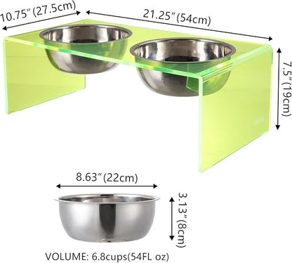 DBL2001G Keaton 7.5" Medium/Large Modern Acrylic Rectangular Elevated Pet Feeder with 54oz 2-Stainless Steel Bowls, Green/Chrome