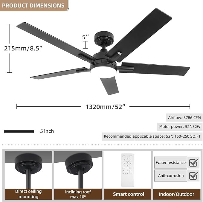 SODSEA Ceiling Fans with Lights, 52 Inch Black Ceiling Fan with Light and