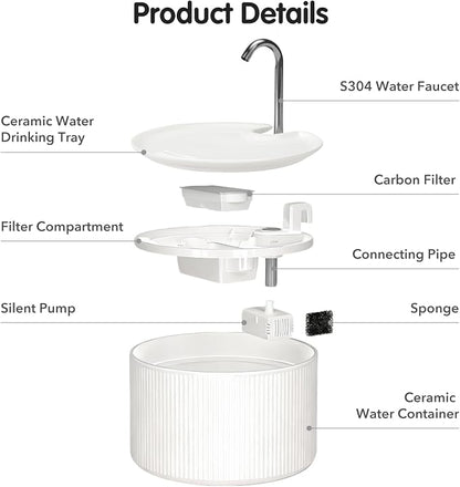 Ceramic Cat Water Fountain: 2.2L/78oz Ceramic Cat Fountain, Automatic Ceramic Water Fountain for Cats, Pet Water Fountain with Ultra-Quiet Pump and Filters & Sponges (White)