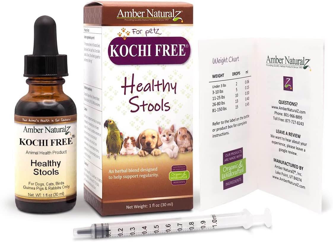 Amber NaturalZ Kochi Free Herbal Supplement for Dogs, Cats, Birds, Guinea Pigs, and Rabbits | Pet Herbal Supplement for Healthy Stool Support | 1 Fluid Ounce Glass Bottle | Manufactured in The USA