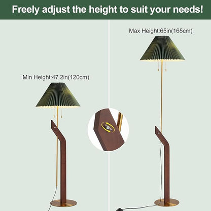 Floor Lamps for Living Room,Mid Century Modern Wood Floor Lamp,Height Adjustable Study Room,Bedroom,Office Vintage Tall Standing Glod Floor Lamp,Green Pleated Lampshade