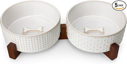 MALACASA Dog Bowl Set, Ceramic Bowls with Walnut Wood Stand, 6 Cups | Rhombic and Polka Dot Design, Non-Slip Base, for Dogs, About 26% Heavier than Similar Ceramic Bowls