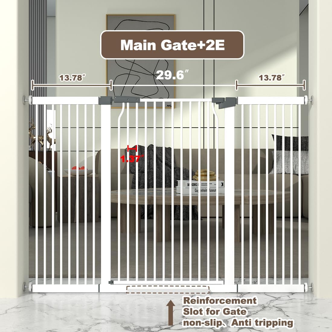 41" Extra Tall Cat Gate for Doorway, 54.5-60.2'' Metal Pet Baby Safe Gate, Extra Wide Pressure Mounted Child Door with Expansion Kit, No Drilling Baby Gate Indoor, No Climb Proof Gate, White