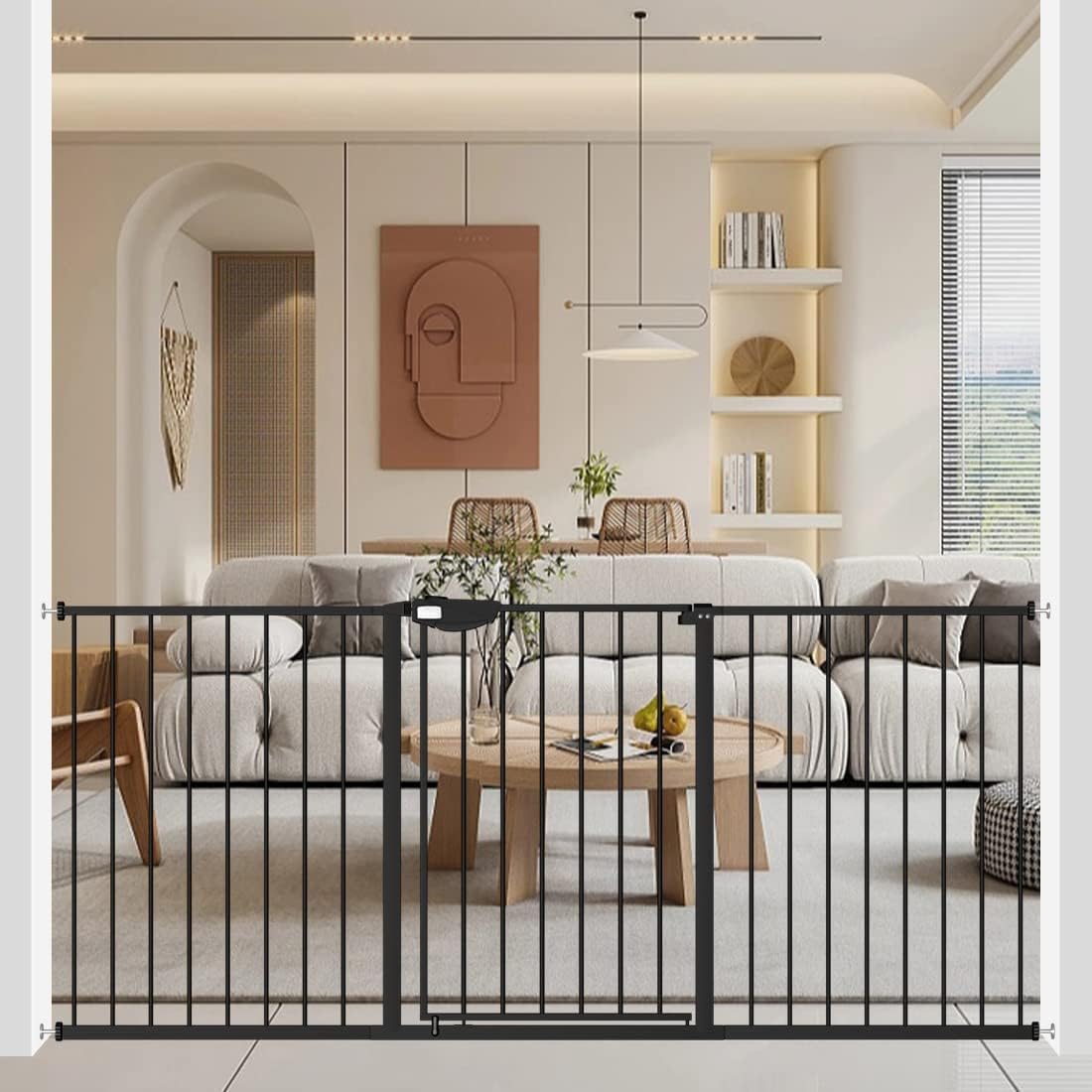 WAOWAO Triple Lock Baby Gate Extra Wide 67.32-72.04" Pressure Mounted Walk Through Swing Auto Close Safety Black Metal Dog Pet Puppy Cat for Stairs,Doorways,Kitchen