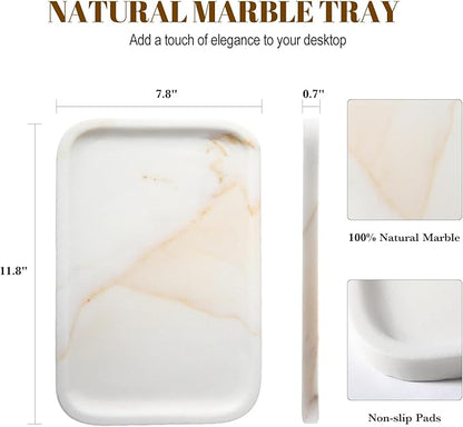 Koville Marble Tray, 12"x8" Marble Vanity Tray for Bathroom Kitchen Countertop, Rectangular Stone Tray for Cosmetics Perfume Trinket, Decorative Catchall Trays (Golden Calacatta)