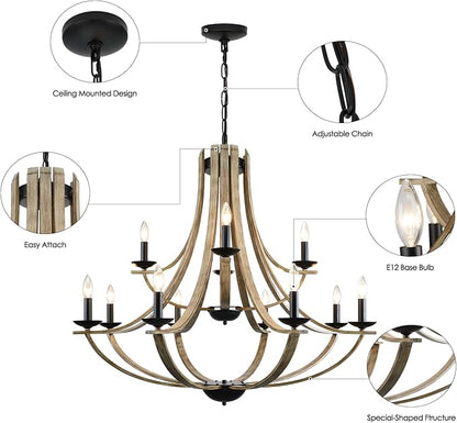 Farmhouse Chandeliers for Dining Room Light Fixture, 2 Tier 12-Light 41" Adjustable Height Retro Faux Wood Texture Rustic Light Fixtures for Living Room Bedroom Kitchen Island Foyer Entryway