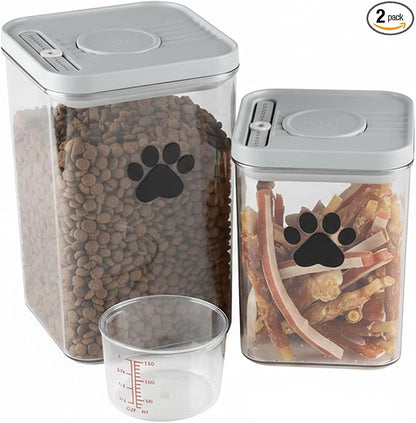 Dog Cat Food Storage Container with Scoop, 2Pack Airtight Plastic Pet Food Storage Containers,Dog Treat Container Jars Set,Treats Canister for Kitchen or Countertop,BPA Free, Clear