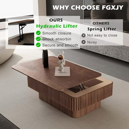 FGXJY Lift Coffee Table with Storage & Adjustable Height, Solid Wood Coffee Table Fluted Center Table Accent Tea Table or Living Room, Apartment, Office (38.6" Walnut)