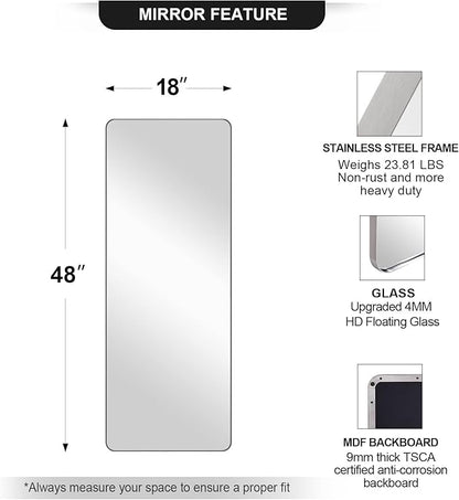 ANDY STAR 18" x 48" Full Length Wall Mirror, Large Polished Chrome Mirror