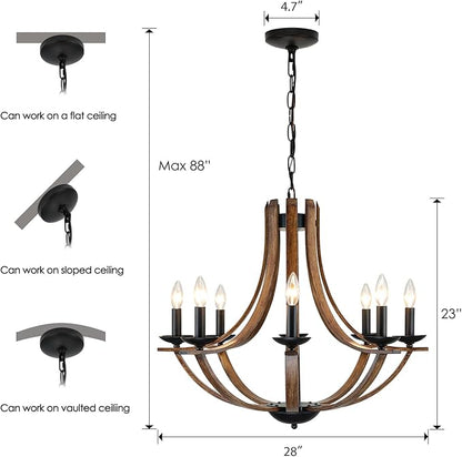 Rustic Farmhouse Dining Room Chandelier Light Fixture, 8-Light 28" Adjustable Chandelier for Kitchen Island, Living Room, Foyer, Staircase, Restaurant, Showroom, Villa, Faux Walnut