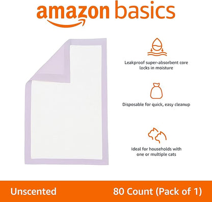 Amazon Basics Cat Pee Pads, Odor Control, Super Absorbent, Disposable, Universal Fit for Litter Box, Unscented, Multi-Cat, White/Purple, 80 Count
