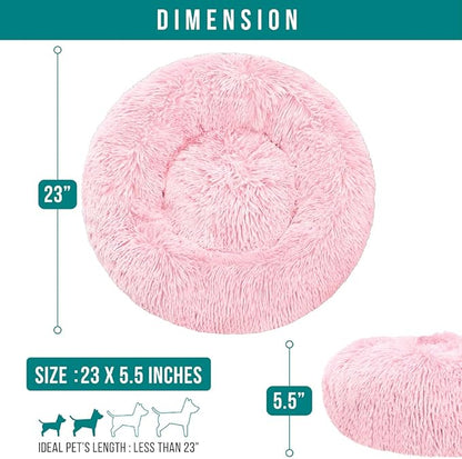 PetAmi Calming Dog Bed for Small Medium Dog Cat, Round Donut Dog Bed Washable, Fluffy Faux Fur Plush Cuddler Pet Kitten Cushion Bed, Anti-Slip, Fits up to 25 lbs, 23 inch, Pink