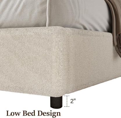 King Size Bed Frame with Round Headboard, Boucle Upholstered Bed with Round Headboard, Soft Arch Shaped Modern Style, No Box Spring Required, Easy Assembly, White