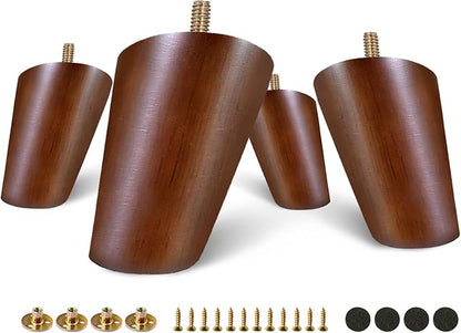 FoDau770 Brown Rubber Wood Furniture Legs 3 Inches, Slant Tapered Wood Feet Mid Century Sofa Legs Set of 4, 5/16" UNC Furniture Feet Replacement Parts for Cabinet Couch Dresser Chair Ottoman Table