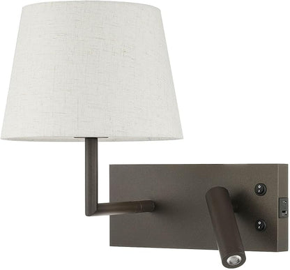 XiNBEi Lighting Hardwired Wall Sconce with LED Reading Lamp, Bedroom Wall Lamp with USB Port & Switch Rotatable Wall Light with Linen Fabric Shade for Bedside Living Room, Dark Bronze XB-W462-LED-DB