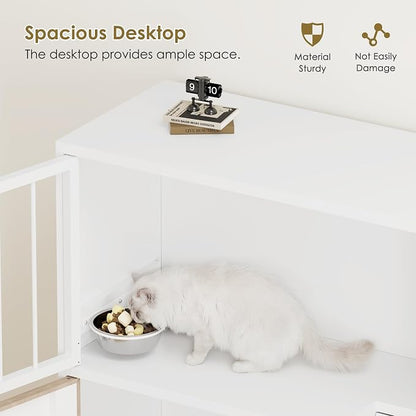 Metal Cat Feeding Station, Dog Proof Cat Feeding Station, Pet Food Storage | Cat Food Table, Raised Bowls for Indoor Cats, Elevated Food Bowls with Stand, Cat House with Scratching Board, Metal White