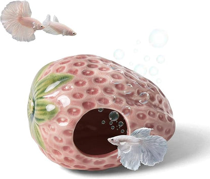 Aquarium Decor Cave Betta Fish Aquarium Accessories Ornaments Hiding Cave Strawberry House Hideout for Shrimp Cichlid Hermit Crab, Octopus Hiding Breeding for Tank (Pink)