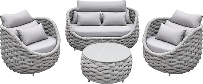 Erotr Woven Rope Patio Sofa Furniture Set of 4: Aluminum All Weather Outdoor Conversation Set, Couch Armchair and Loveseat Set with Table Cushions for Deck Porch Poolside Garden Backyard Hotel - Gray