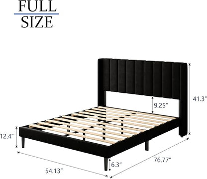 Full Size Bed Frame with Upholstered Wingback Headboard, Easy Assemnly Platform Bed, Wooden Slat Support No Box Spring Needed, Black