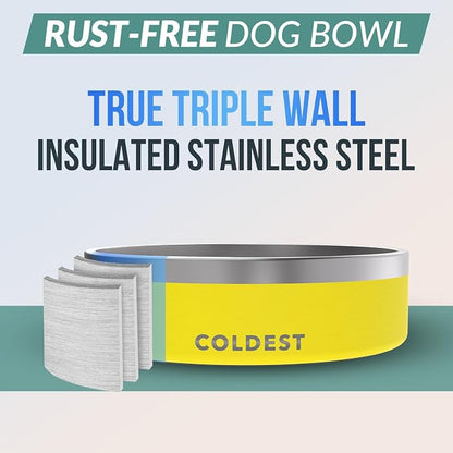Coldest Dog Bowl - Anti Rust Metal, Non Slip, 3 Layers Insulated Stainless Steel Dog Bowls - Spill Proof & Heavy Duty - Water Bowl for Dogs, Cats & Pets, Dish Washer Safe (42 oz, Solar Yellow)