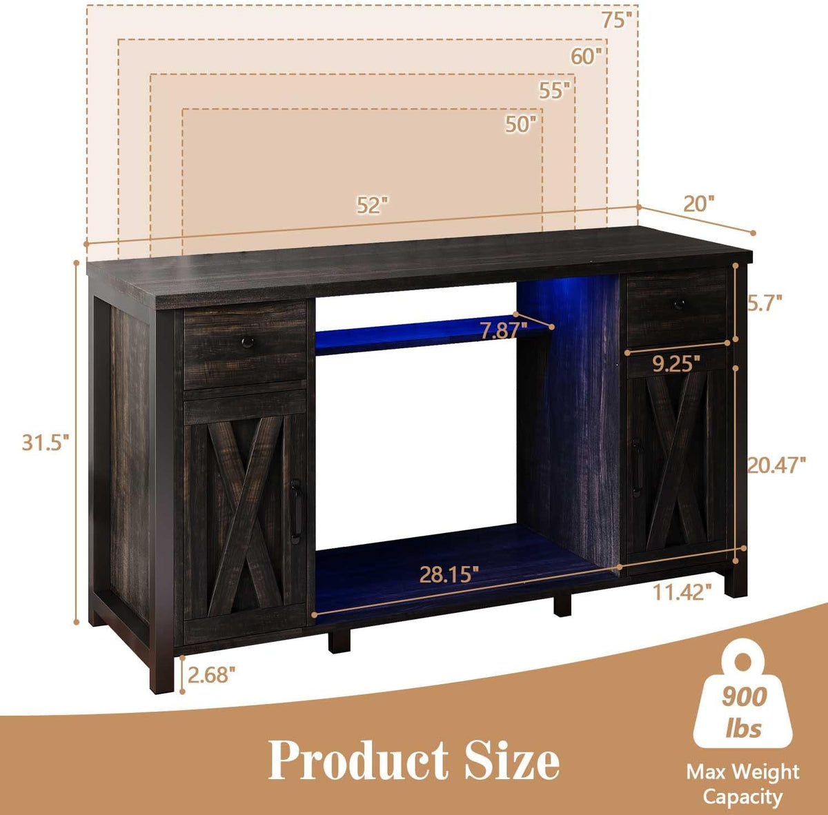 75 Gallon Fish Tank Stand with LED Light & Power Outlets, 55-75 Gallon Heavy Duty Metal Aquarium Stand with Drawers & Barn Doors, Cabinet for 2 Fish Tank Accessories Storage, Dark Oak