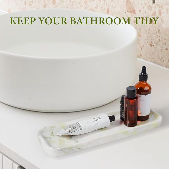 Koville Marble Tray for Bathroom Sink, 12"x4" Natural Stone Vanity Tray for Kitchen Dresser Countertop, Rectangular Decorative Marble Tray for Jewelry Perfume Trinket(Bianco Palomino)