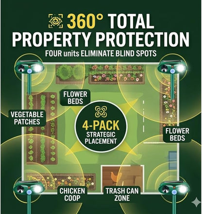 4Pack Sonic Fortress Pro Deer Repellent Devices Squirrel Rabbit Cat Raccoon Fox Deterrent Solar Ultrasonic Animal Repellent Outdoor with Motion Activated Strobe Light for Yard Lawn Garden Protection